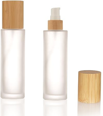 COSIDEA 4pcs Empty 3.33oz / 100ml bamboo lids Frosted glass bottle with lotion pump dispenser, refillable emulsion cosmetic cream bottles, toiletries refill travel container 20 neck