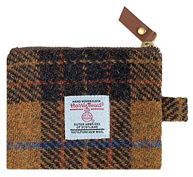 Porte-monnaie mini Harris Tweed, sac à main artisanal vintage britannique portable pour cartes de crédit avec fermeture éclair YKK, unisexe pour femme et homme, Jaune brun, one-size