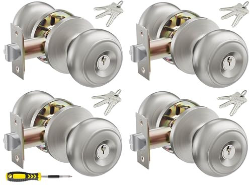 Set di 4 pomelli per porta d'ingresso con chiave, tutte le stesse serrature per porte esterne e interne in acciaio inox, in nichel satinato per porte anteriori/d'ingresso