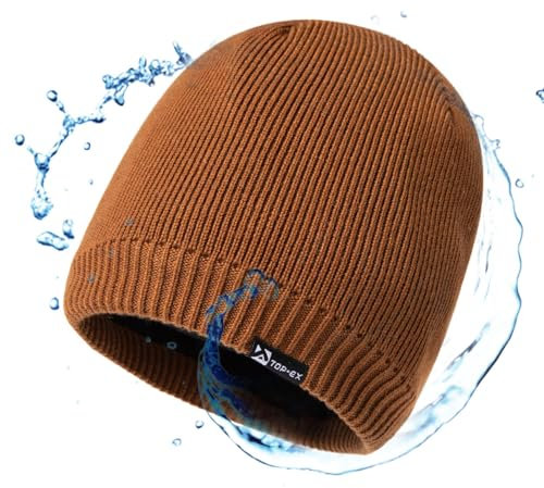 TOP-EX XL/XXL wasserdichte Merino Beanie Mütze Herren Damen Wolle Wintermütze Warm Fleece Strickmuetze Braun Großer Kopf