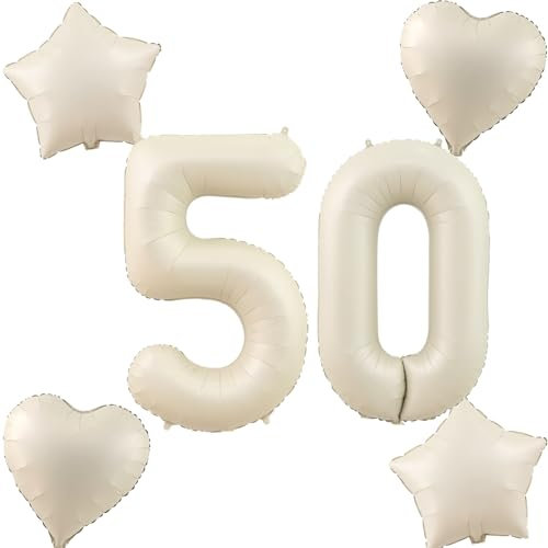 Beige Luftballons Zahl 50+4 pcs herz/stern Folienballon Zahl 50 .Geburtstag frau mädchen,50 Riesenzahl Ballons 50 .geburtstagsdeko mann,Zahlenballon 50, Helium Ballons 50 Zahlen Luftballon