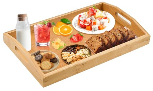 QINERSAW Plateau de Service Rectangulaire en Bambou Plateau Repas en Bambou Plateau en Bois Aperitif Plateau de Lit Petit Déjeuner Grand Plateau de Service en Bois pour Thé Café Boisson