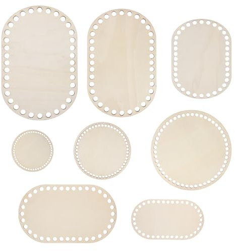 Yeruvce Korbboden zum Häkeln 8 Stück in verschiedenen Größen (3 Kreise + 5 Ovale), Naturholzkorbboden Kreis Blank Häkelkorb Basis mit Loch für DIY Korb Weben Crochet Supplies