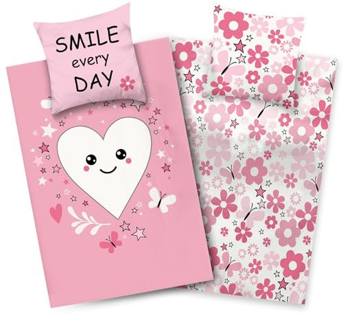 Aminata kids Bettwäsche 135x200 Mädchen Herz-en Blumen Baumwolle Wende-Kinder-Bettwäsche-Set Herz-Motive YKK Reißverschluss rosa Geschenk-e
