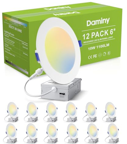 DAMINY 12 Pack 6 Inch LED Recessed Lighting with Junction Box,5CCT,Ultra-Thin Recessed Light,10W 1100LM, Dimmable Canless Wafer Ceiling Light, High Brightness