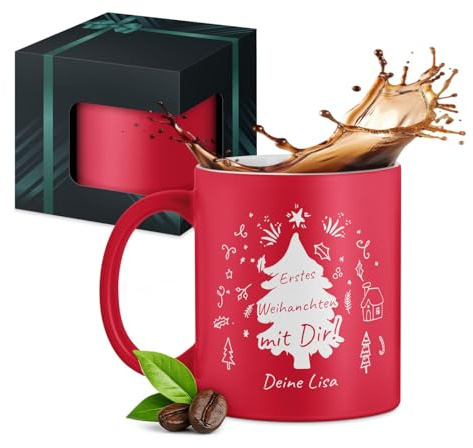 Maverton Keramik Kaffeetasse 330ml mit Gravur - Kaffeebecher mit funktionellem Henkel - personalisierter Keramikbecher für Männer zum Geburtstag zu Weihnachten - matt rot - Innen weiß - Baum