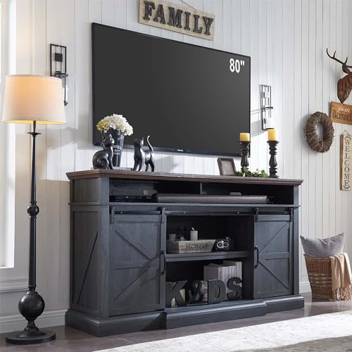 Supporto TV Farmhouse per TV da 80 pollici, centro intrattenimento alto 39 pollici con armadietti e porta scorrevole, mobile console multimediale con soundbar e ripiani regolabili per soggiorno, 70