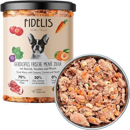 Fidelis – Gekochtes Frische-Menü für Hunde mit Ziege, Maniok, Karotten & Pfirsich (400g Glas) – Hundefutter nass mit 70% Fleischanteil & frischen Zutaten – Nassfutter ohne Zusätze & ungekühlt haltbar