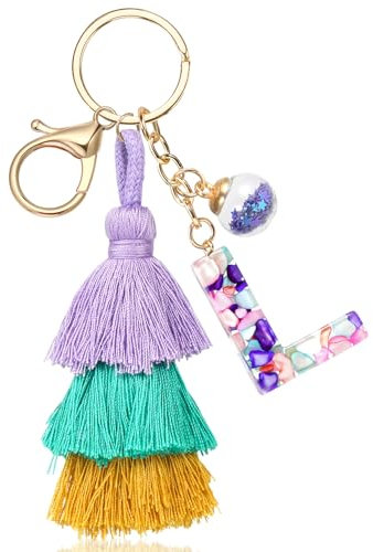 JSRQT Schlüsselanhänger mit Anfangsbuchstaben, Buchstaben Schlüsselanhänger Harz L mit Quaste Schlüsselanhänger für Mädchen, Taschenanhänger Boho für Handtaschen Rucksäcke Autoschlüsselanhänger