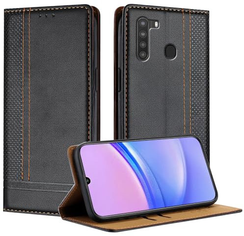 Mo-Beauty Handyhülle für Samsung Galaxy A21, PU Leder Flip Klappbare für Samsung A21 mit Standfunktion Kartenfächer Magnet Hülle (Schwarz)