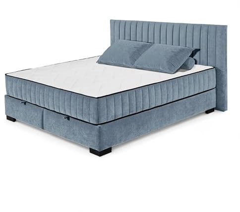 Stella Trading NAGOL C Boxbett 180x200, Denim - Bequemes Doppelbett mit Bettkasten und Premium 9-Zonen-Federkern Wendematratze - 205 x 114 x 214 cm (B/H/T)