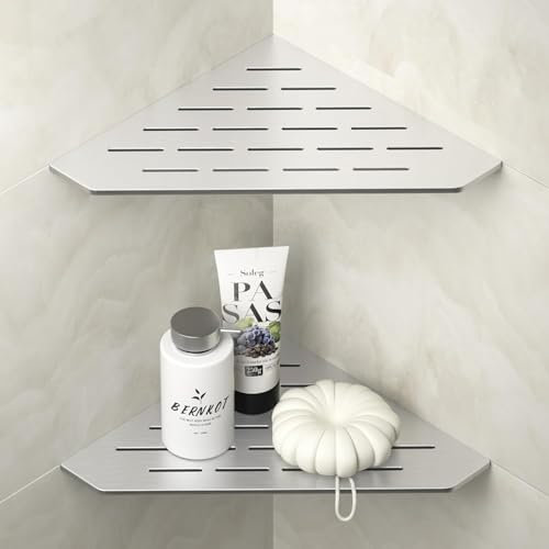Bernkot Eckdusche-Regal 254mm Matt Schwarz 304 Edelstahl Pentagonal Eckregal Einbaubad Lagerung Shampoo Halter Organizer Küche Regal Rack, Keine Bohrung, Silber Gebürstet, 2 Stück