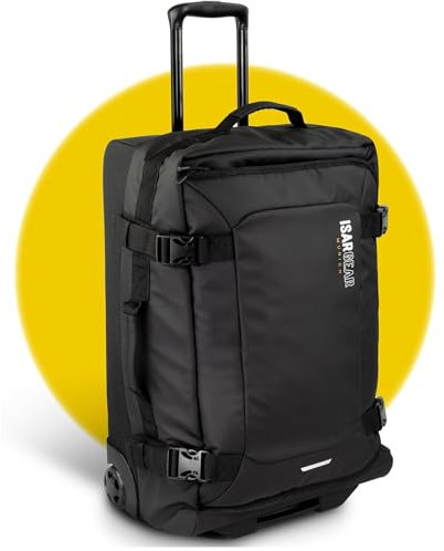 Isar Gear® Koffer mittelgroß mit 2 Rollen (60x40x20cm) - Leichter Reisekoffer 24 aus Stoff - Reisetrolley 48l als Rollkoffer - Weichschalenkoffer (Softcase Stoffkoffer) in Schwarz mit Rollen