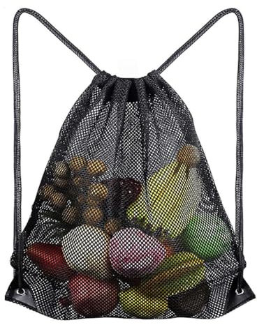 BHIPKOT Bolsa de Red de Malla para Deporte y Playa con Cremallera de Cierre Rápido, 34 x 43 cm, Color Negro