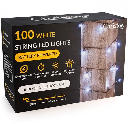 CHRISTOW Christmas Fairy Lights Battery Operated, White LED String Lighting with Timer, Indoor & Outdoor, 8 Light Modes Flashing & Static, Green Cable (100 LED / 10m Lit Length)