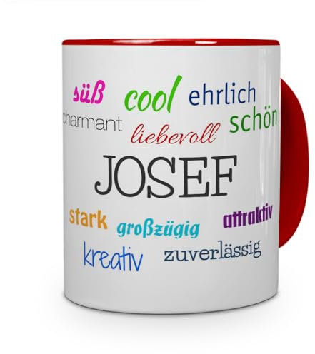 printplanet Tasse mit Namen Josef - Positive Eigenschaften von Josef - Namenstasse, Kaffeebecher, Mug, Becher, Kaffeetasse - Farbe Rot