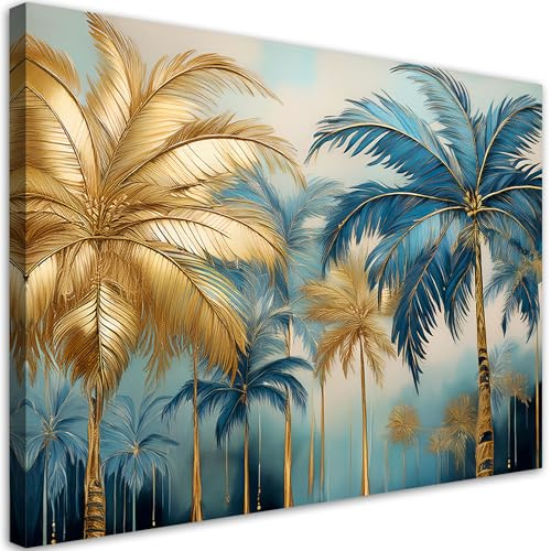 Feeby Impression sur toile 90x60 cm decoration chambre - tableau decoration murale - Palmiers Or Et Bleu Abstrait - decoration Tableau non tissé moderne - ART - poster mural