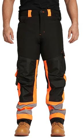 Sam Caan® Hi Vis Mens Work Trousers Softshell Men High Visibility Viz Reflective Water Resistant Cargo Rain Proof Repellent Windproof Safety Site Work Wear Builder Pants Soft Shell Workwear Warm