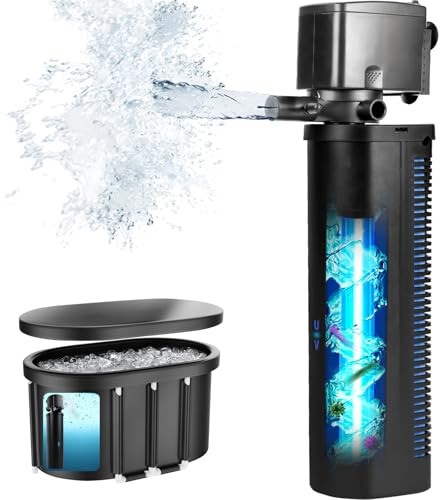 Filtro U-V para acuario con doble boquilla de 600 GPH para estanque pequeño de 75 a 300 galones, máquina de limpieza verde, sumergible, potente, agua salada, agua dulce, cristalina, verde, matar el