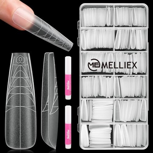 MELLIEX 288 Pièces Faux Ongles Capsule Americaine Ongle 12 Tailles Ligne Auxiliaire Artificiel Complète pour Femme Filles Nail Art