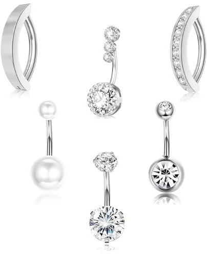 agogue 6 Stück Silber Bauchnabelpiercing Ring Set, 14G Bauchnabelpiercing Set, Belly Piercing Silber Glänzendes Piercing Bauchnabel, Kugel Piercings Bauchnabel CZ Clicker für Damen