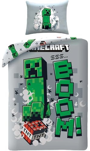 Minecraft Bettwäsche-Set Creeper Boom, wendbarer Bettbezug 140 x 200 cm + 1 Kissenbezug 70 x 90 cm, 100% Polyester, Mehrfarbig