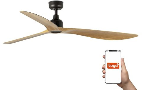 Faro Outwood Ventilador de techo grande de 3 aspas, color marrón oscuro y madera de roble, sistema inteligente Tuya