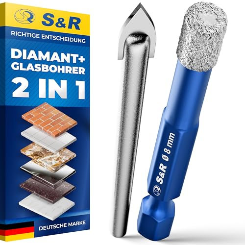 S&R Forets Diamant 8mm - Lot de 2: 1 Foret Diamant + 1 Foret en Carbure Verre pour Céramique Grés Marbre Carrelage Céramique Verre Granit