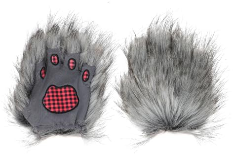 TINAYAUE Pelzpfoten-Handschuhe, Wolfsohren-Hut, grauer Werwolf-Kostüm für Erwachsene und Kinder, niedliches Halloween-Tier-Cosplay-Zubehör, Plüsch, warme Mütze, fingerlose Wolfskrallen, Handschuhe