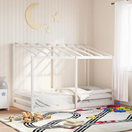 Teenpull Kinderbett mit Dach, Weiß 90x200 cm aus Massivholz Kiefer, stabil für Kinderzimmer, inklusive Lattenrost, modernes Design