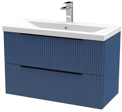 Balterley Vanity Unit with Basin Wall Hung, 2 Drawer Soft Close with Mid Edge Sink and Handles, Bathroom Vanity Units with Basin, Fluted Front Sink Cabinet - 810 x 390 x 540mm (Blue)