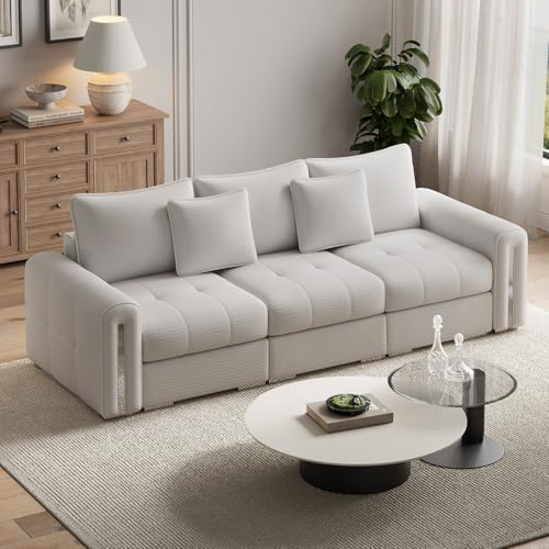 Vesgantti 3 Seater Sofas with Storage, Modular Sectional Sofa for Living Room in White Soft Corduroy, Small Couch for Bedroom, Home Office, Studio, 3 Seater