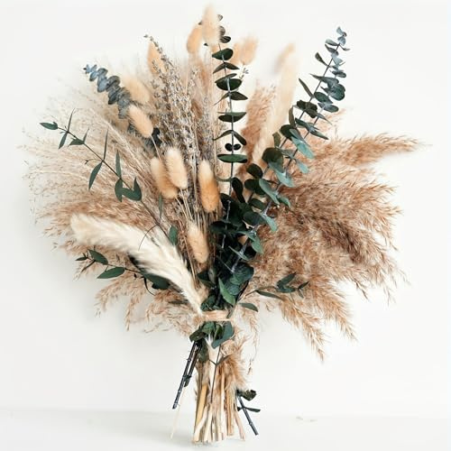 Lxoraziy 92 Stück Pampasgras Deko, Natürliche Schilfblume Getrocknete Eukalyptus Lavendel Blumenstrauß Boho für Wohnzimmer Home Hochzeit Esszimmertisch Deko