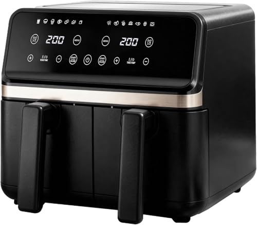 Friteuse à air chaud, 2 chambres avec fenêtre, 8 l, 2 compartiments, 12 en 1, écran tactile, paniers lavables au lave-vaisselle, paniers à frire antiadhésifs, friteuse saine sans huile et cuisson