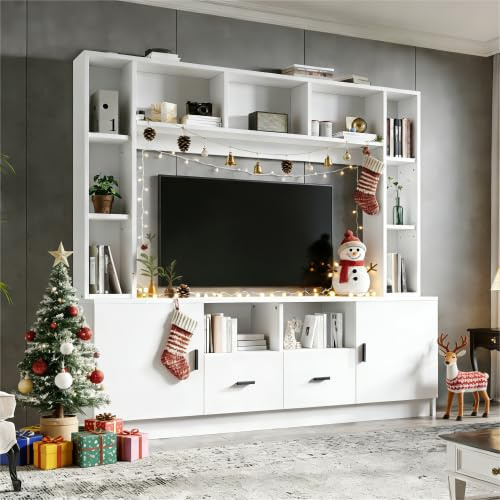 Merax 180 cm TV Wohnwand-Set für Fernseher bis zu 60 – Weißes TV-Board mit 2 Schränken, 2 Schubladen und 11 Fächern – TV Möbel Set für Wohnzimmer & Schlafzimmer