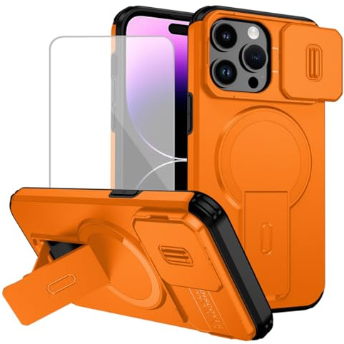 Tothedu Case for iPhone 14 Pro Max Cases with Tempered Glass Screen Protector, Compatible with MagSafe, Slide Camera Cover, Kickstand Phone Cover for iPhone 14 Pro Max Orange