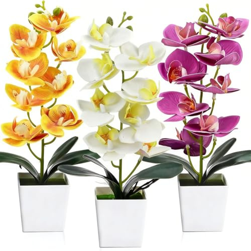 MIUUIPI Juego de 3 orquídeas artificiales en maceta (30 cm), Planta artificial Phalaenopsis, blanco, rosa, amarillo, flores decorativas como flores reales para salón, oficina, decoración de boda