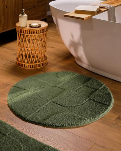 Wecon Home Badteppich Davie, 80 cm rund, kiefern grün | Uni Hoch-Tief, waschbar 30°C, rutschhemmend