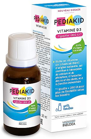 PEDIAKID - VITAMIN D3 - Optimiert die Vitamin-D-Versorgung - Trägt zur Aufnahme von Kalzium und Phosphor, zur Erhaltung von Knochen und Zähnen und zur Immunfunktion beiträgt - 20 ml