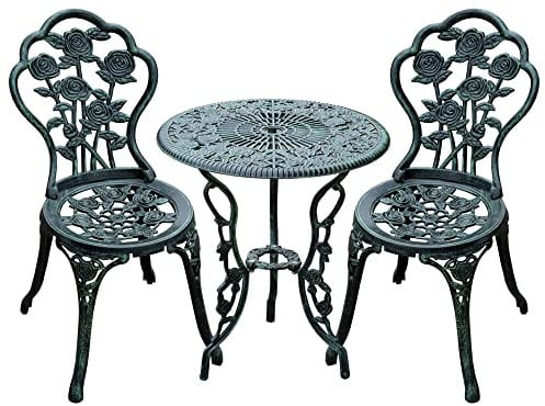 Outsunny Garden Bistro Set with Umbrella Hole, 3 Piece Cast Aluminium Garden Furniture Set, Antique Floral Round Coffee Table and Chairs, Small Balcony Furniture for Outdoor, Patio, Green