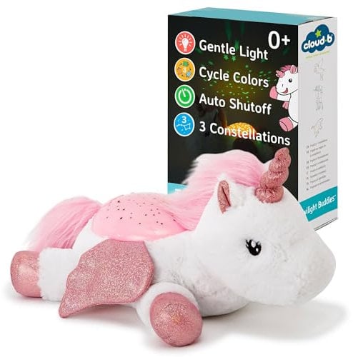 Cloud b Unicorn with Wings - Plush Star Projector Night Light Baby Soothers | Newborn Essentials - Eases Fear of Dark, Soothing LEDs, Auto Shut Off, 3 Colours, Gift-Ready Baby Toys