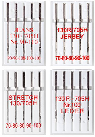 Faden & Nadel Nähnadelset: 20 Nähmaschinennadeln, UNIVERSAL, verschiedene Stärken, System: Flachkolben (130R/705H) - für Haushaltsnähmaschinen