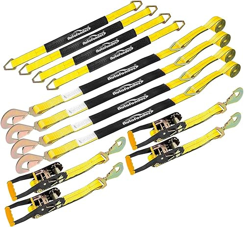 Autofonder Heavy Duty Adjustable Car Tie Down Kit with Snap Hooks -Break Strength 10,000 lbs-Working Load 3333 lbs-Bonus Includes 4 Pack 36 Axle Straps with D-Ring(Yellow)