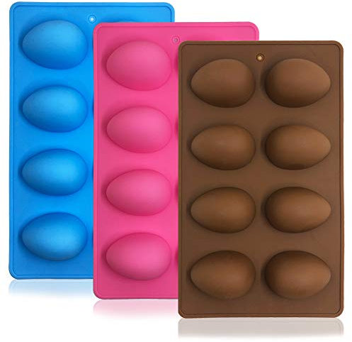 SENHAI 3 moldes de silicona con forma de huevo, 8 cavidades para hornear de grado alimenticio para decoración de pasteles, chocolate, pasteles, pan, cubitos de hielo, jabón - rosa, azul, marrón