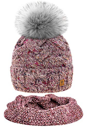 MFAZ Morefaz Ltd Set Mütze & Schal Winter Damen Alpaka Wolle Beanie Strickmütze Wurm Fleece Bommel Pom Pom (Rose Pink Set Hat&Scarf)