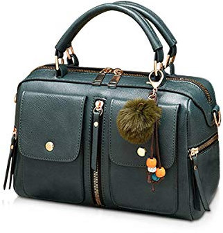 NICOLE & DORIS Femmes Sacs À Main Pompon Sac Style De Mode Zipper Sac À Bandoulière Dames Fourre-Tout Sac Cabas Porté Epaule Bandoulière PU Style Cuir Petit Sac Carré Vert