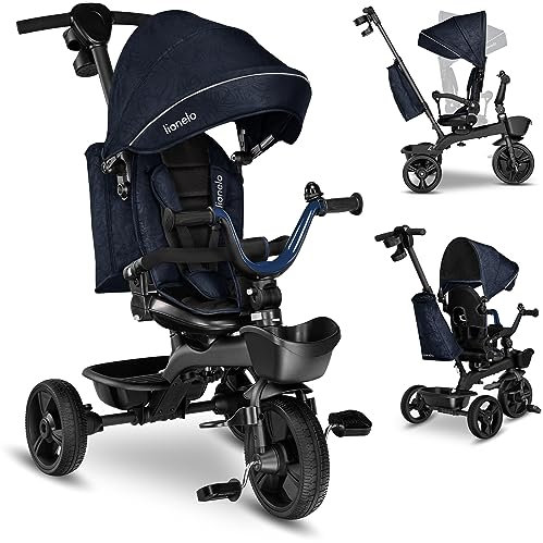 Lionelo Kori Dreirad mit Schubstange für Kinder ab 1,5 bis 5 Jahre, drehbarer Sitz, Magnesium-Rahmen, wartungsfreie Gummiräder, freies Rad, abnehmbares Vordach, 55 x 80 x 56 cm
