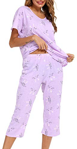 ENJOYNIGHT Womens Pyjama Sets Cotton Pjs Short Sleeve Capri Pants Nightwear | Summer Loungewear, Soft Lightweight Cotton Fabric, Stylish V-Neck, Cute Print, Loose Casual Fit