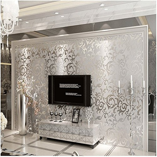 MEAIHOME Modern Victorian Damask Embossed Textured Non-Woven Material Living Room/Bedroom Non-Pasted Silver Gray Wallpaper Roll 1.73'W x 32.8'L