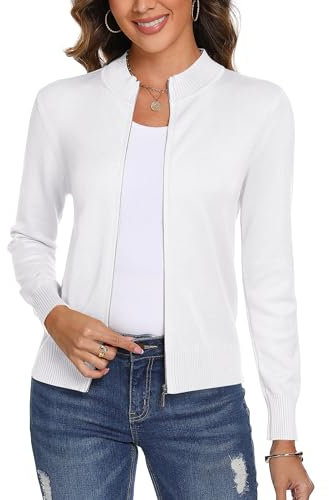 Aottori White Cardigans for Women UK Long Sleeve Zip Up Knit Cardigans Lightweight Knitwear Outwear Stand Up Solid Casual Jumper White S